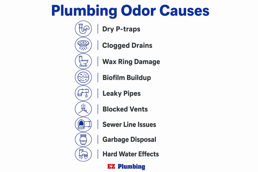 Infographic illustrating steps of plumbing odor causes
