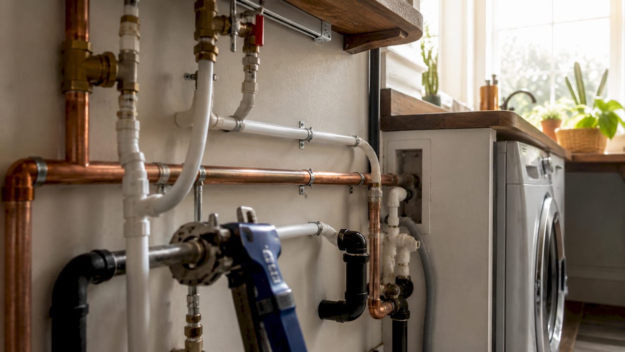 Close-up of pipes from graywater source fixtures