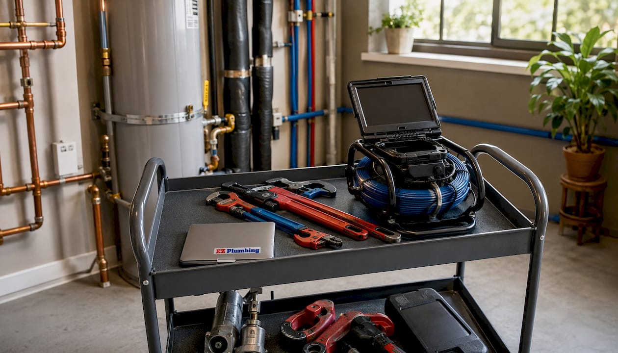 Overhead view maintenance cart with plumbing tools