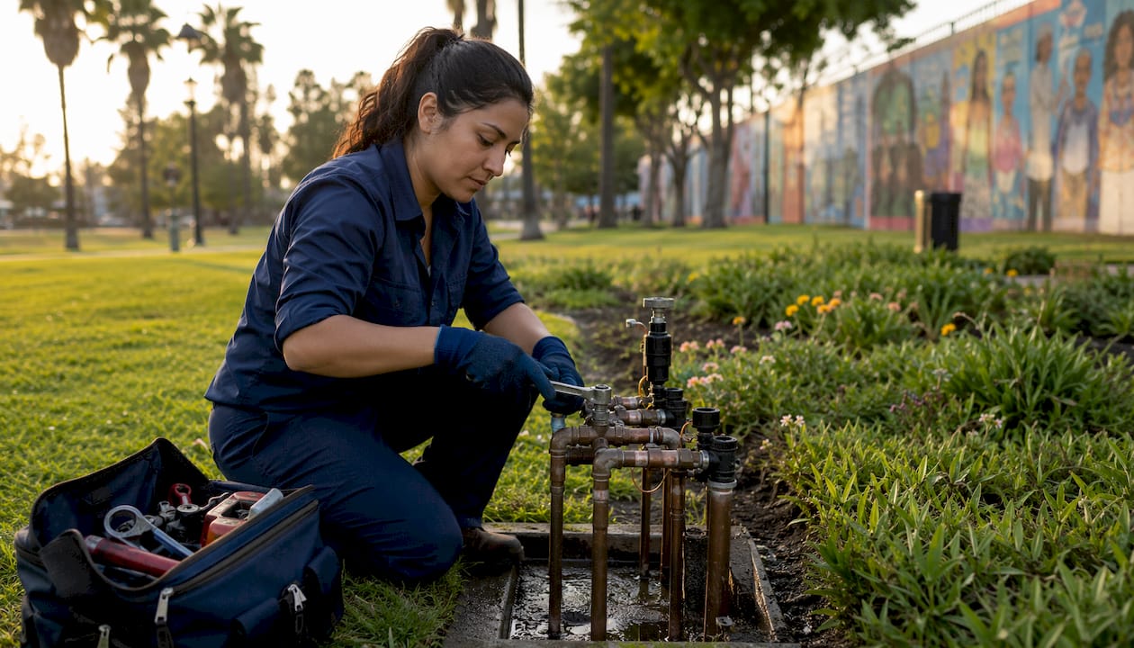 Hands adjusting irrigation valves outdoor facility
