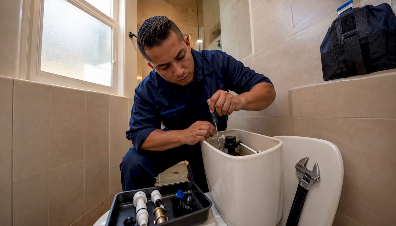 Technician adjusting toilet tank float arm