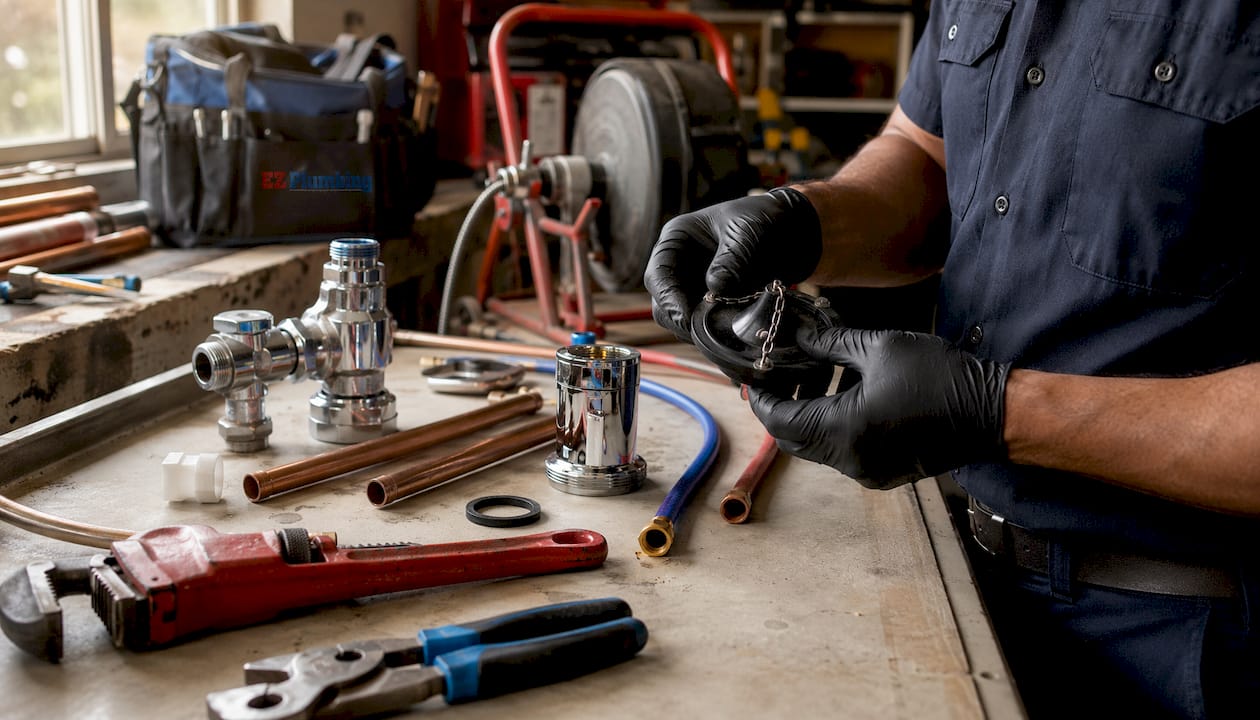 Close-up of plumbing tools and parts for toilet repair
