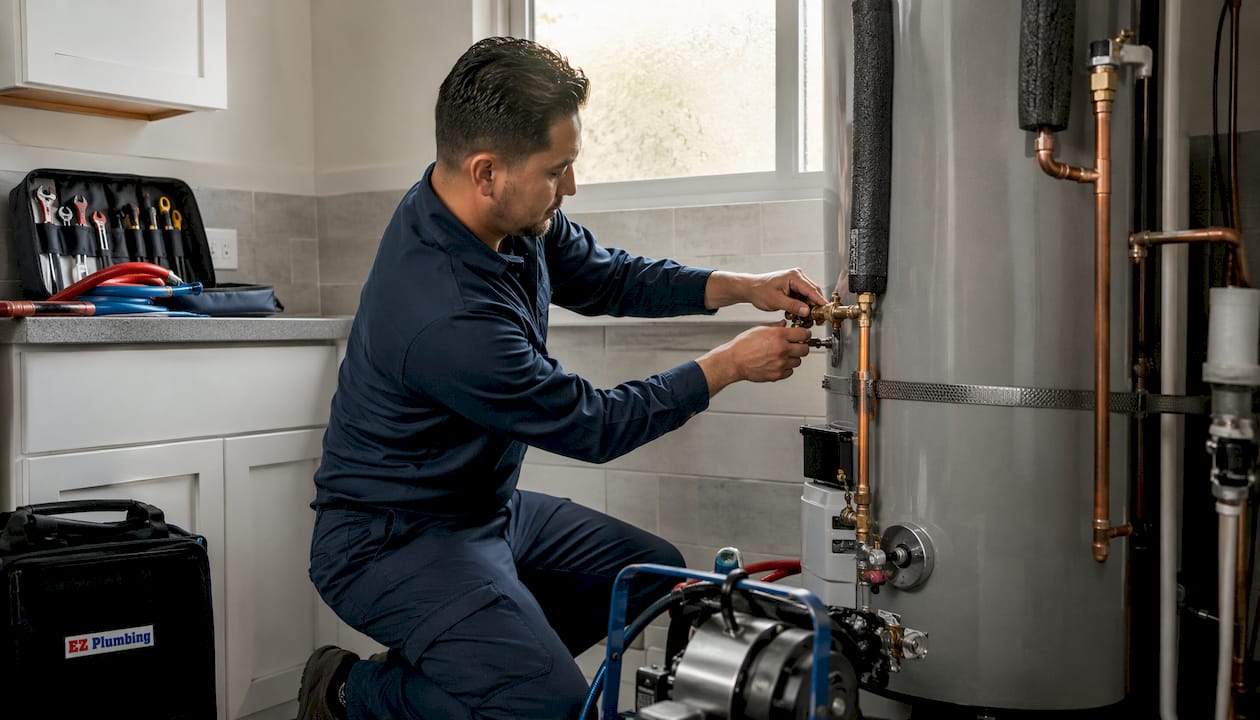 Technician maintaining residential water heater