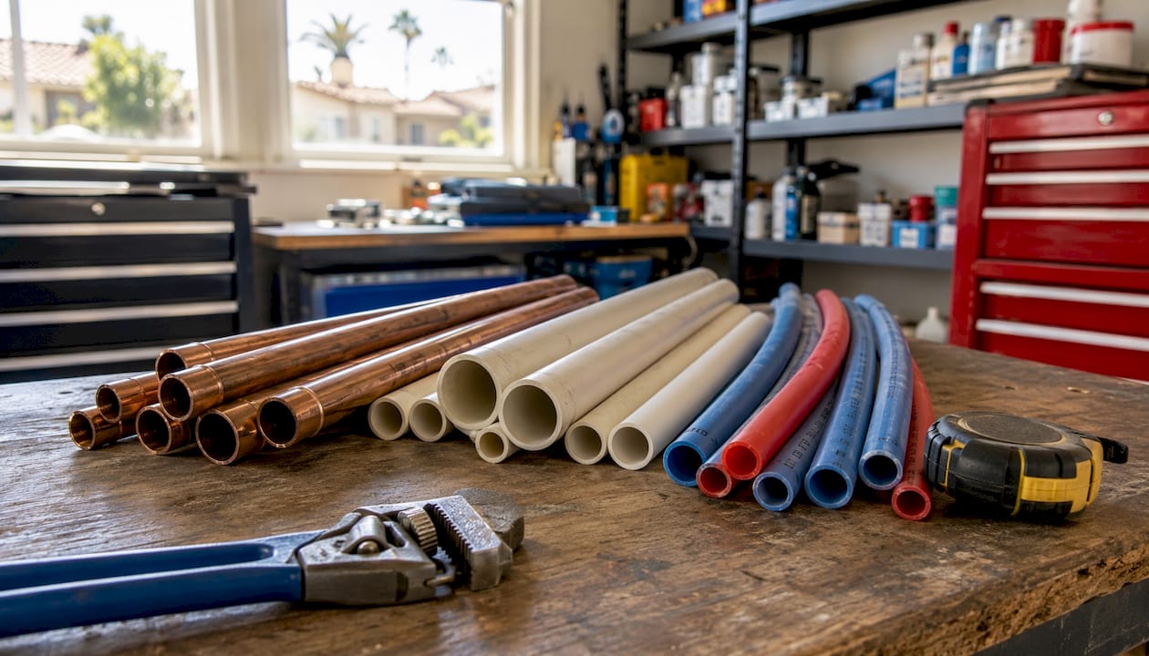 Copper, PEX, and CPVC pipes on workbench