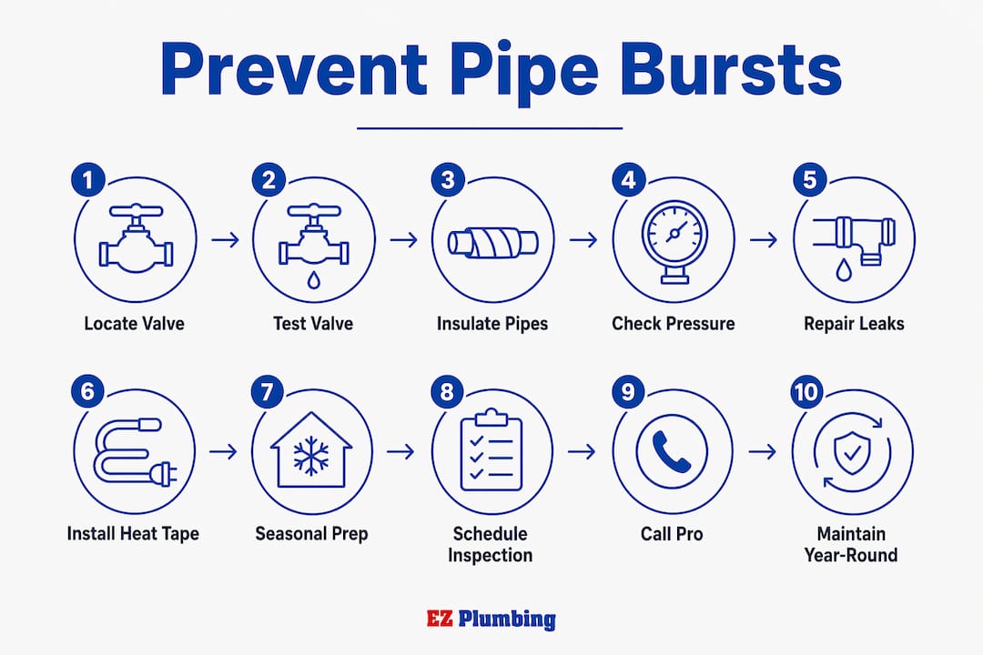 Infographic showing vertical flow of pipe burst prevention steps