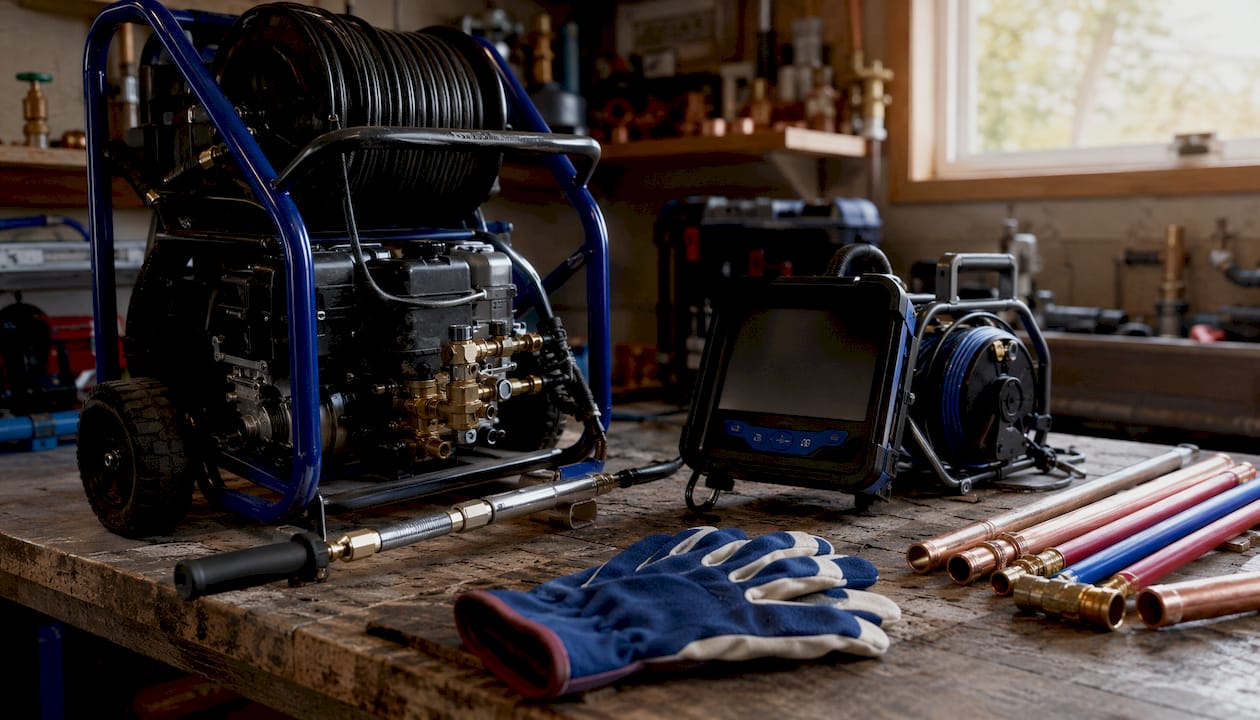 Professional plumbing tools on workshop bench