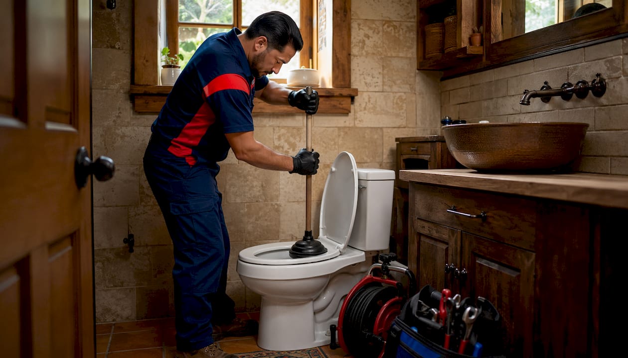 Flange plunger positioned on toilet outlet
