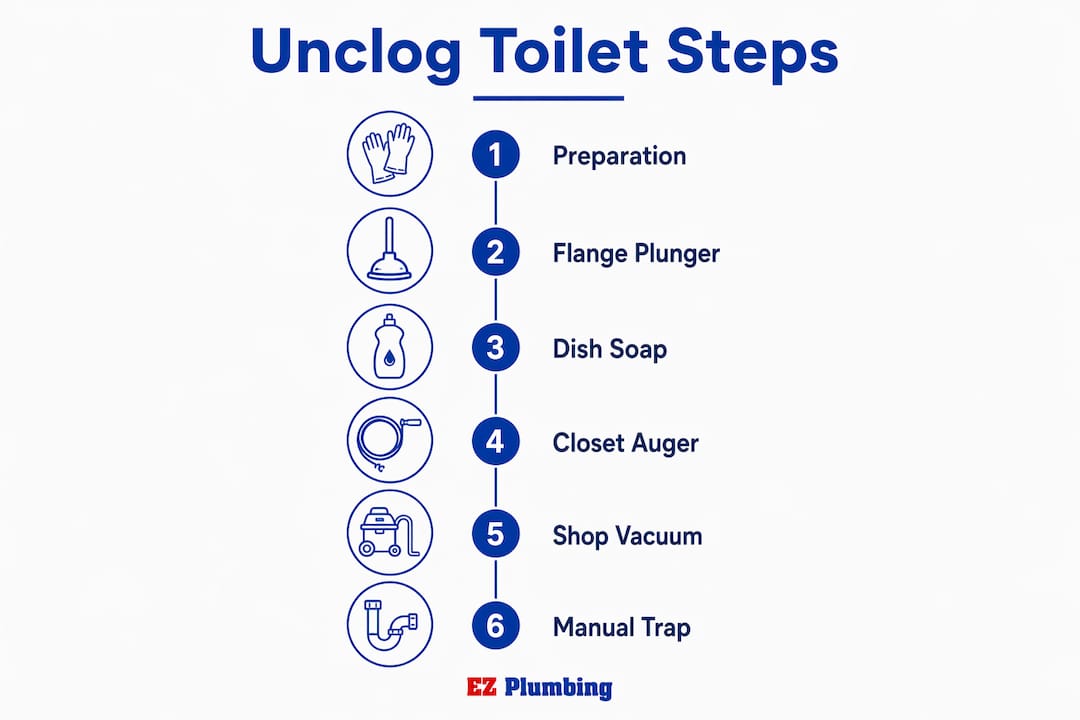 Infographic showing steps to unclog a toilet