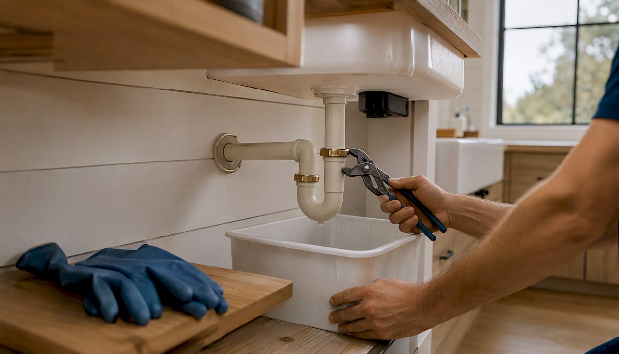 Hands loosening bathroom sink P-trap plumbing