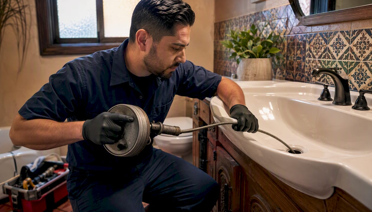 Technician using hand auger on bathroom sink drain