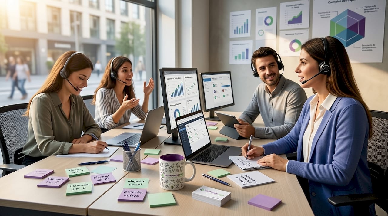 El equipo del call center se encuentra realizando simulaciones de llamadas para mejorar sus habilidades y prepararse para atender a los clientes.