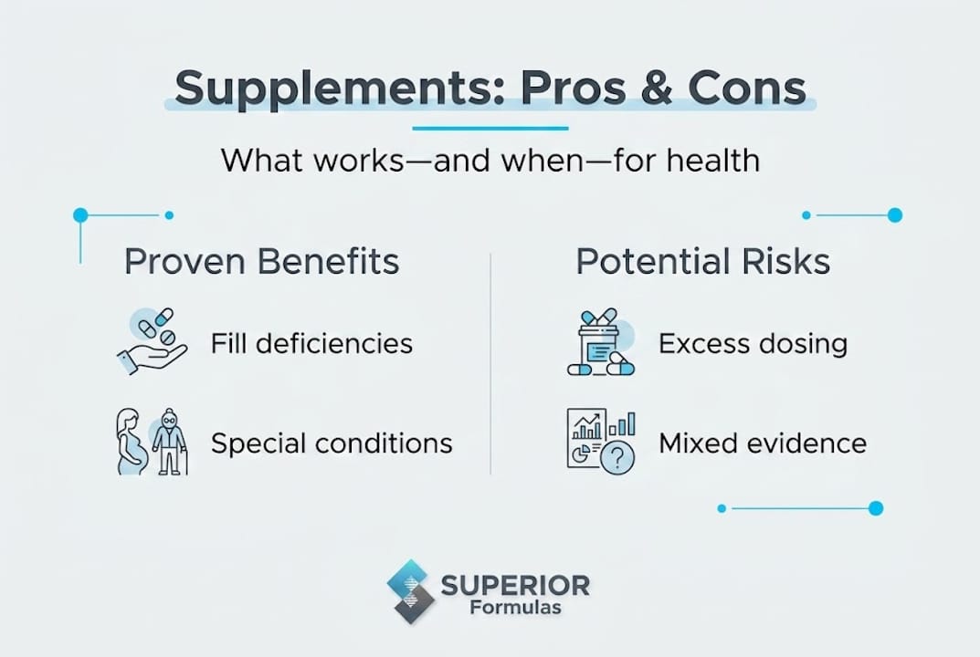 Infographic showing supplement pros and cons