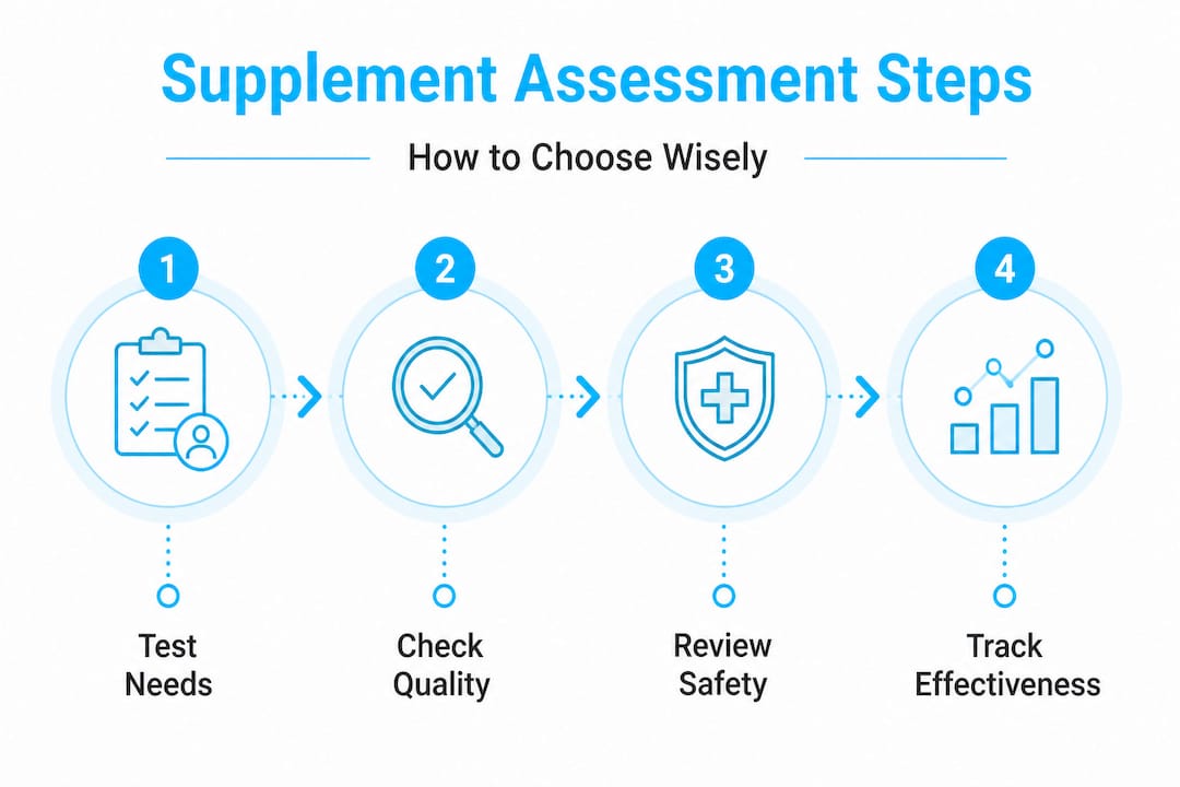 Supplement assessment process infographic with four steps