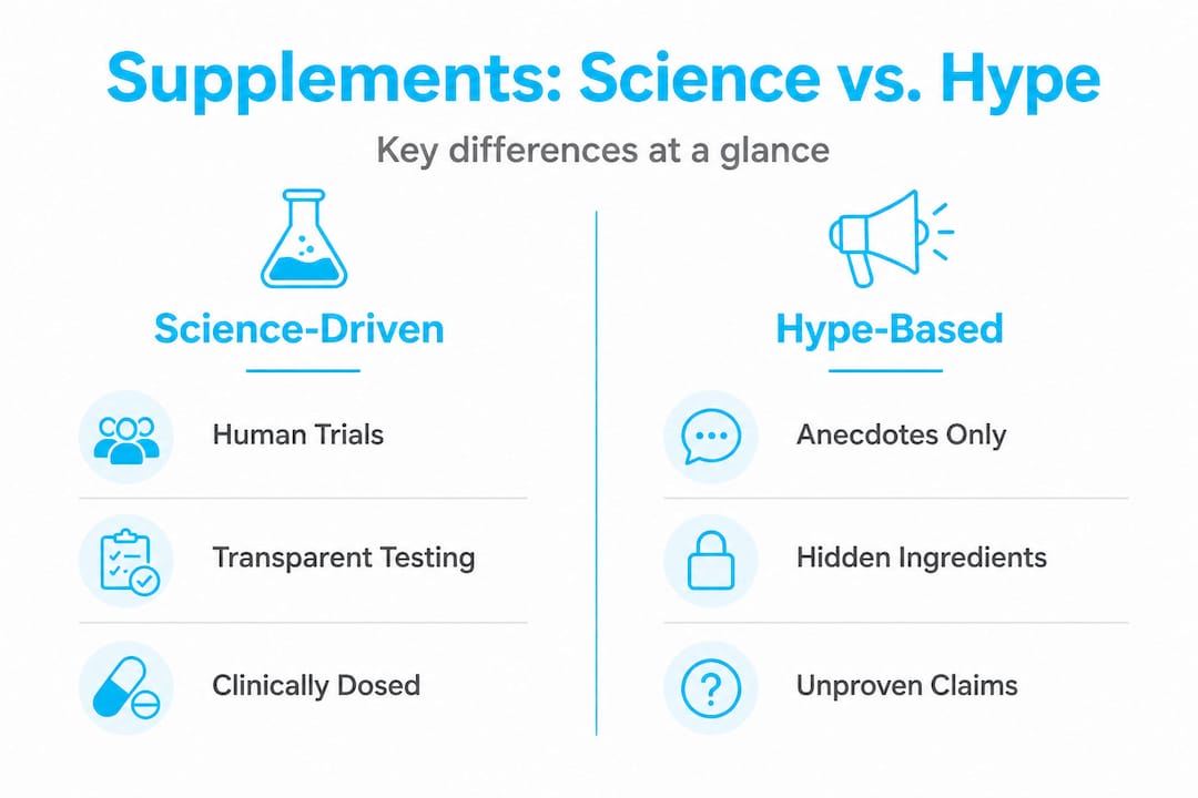 Infographic comparing science-driven and hype-based supplements