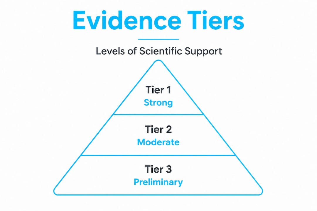 Pyramid infographic showing evidence tiers for supplements