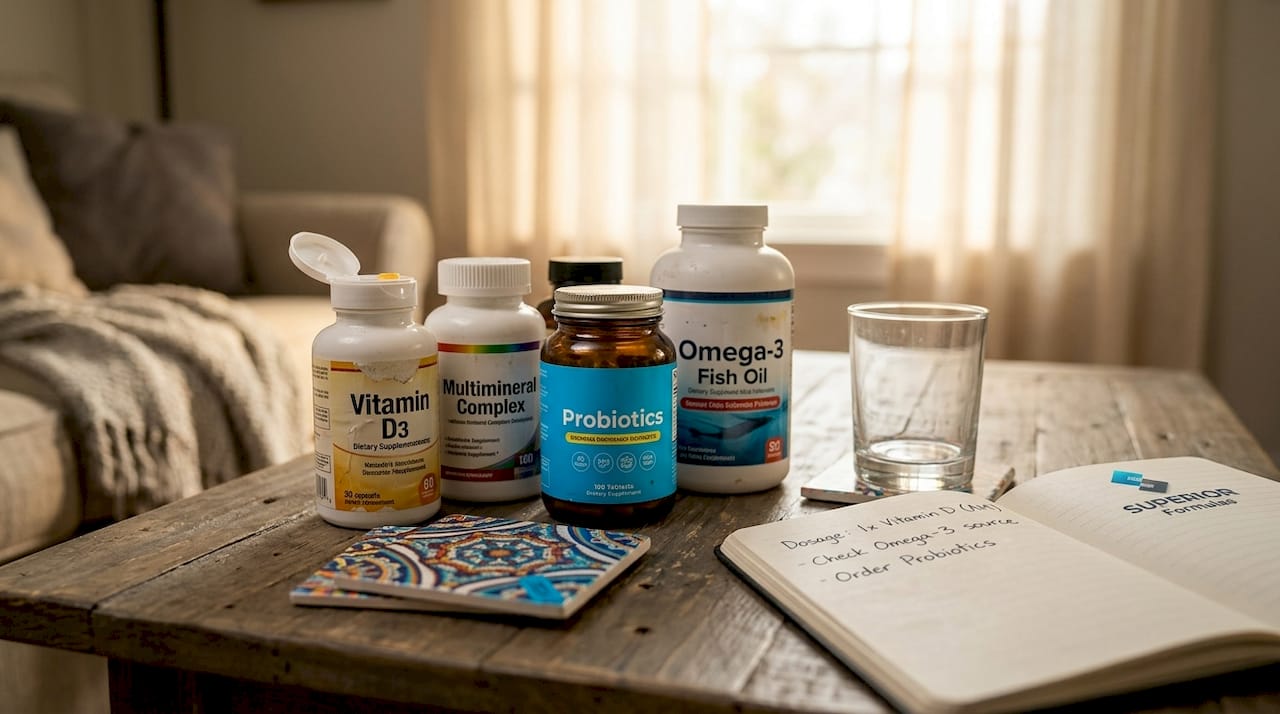 Close-up of supplement bottles and facts labels