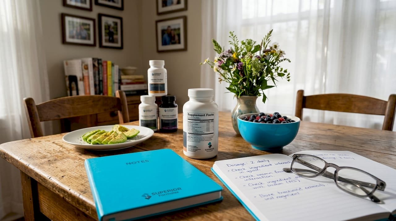 Woman checking supplement label in bright kitchen