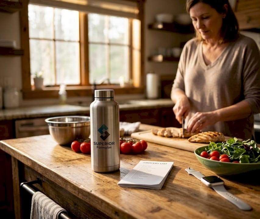 Middle-aged woman preparing protein-rich lunch