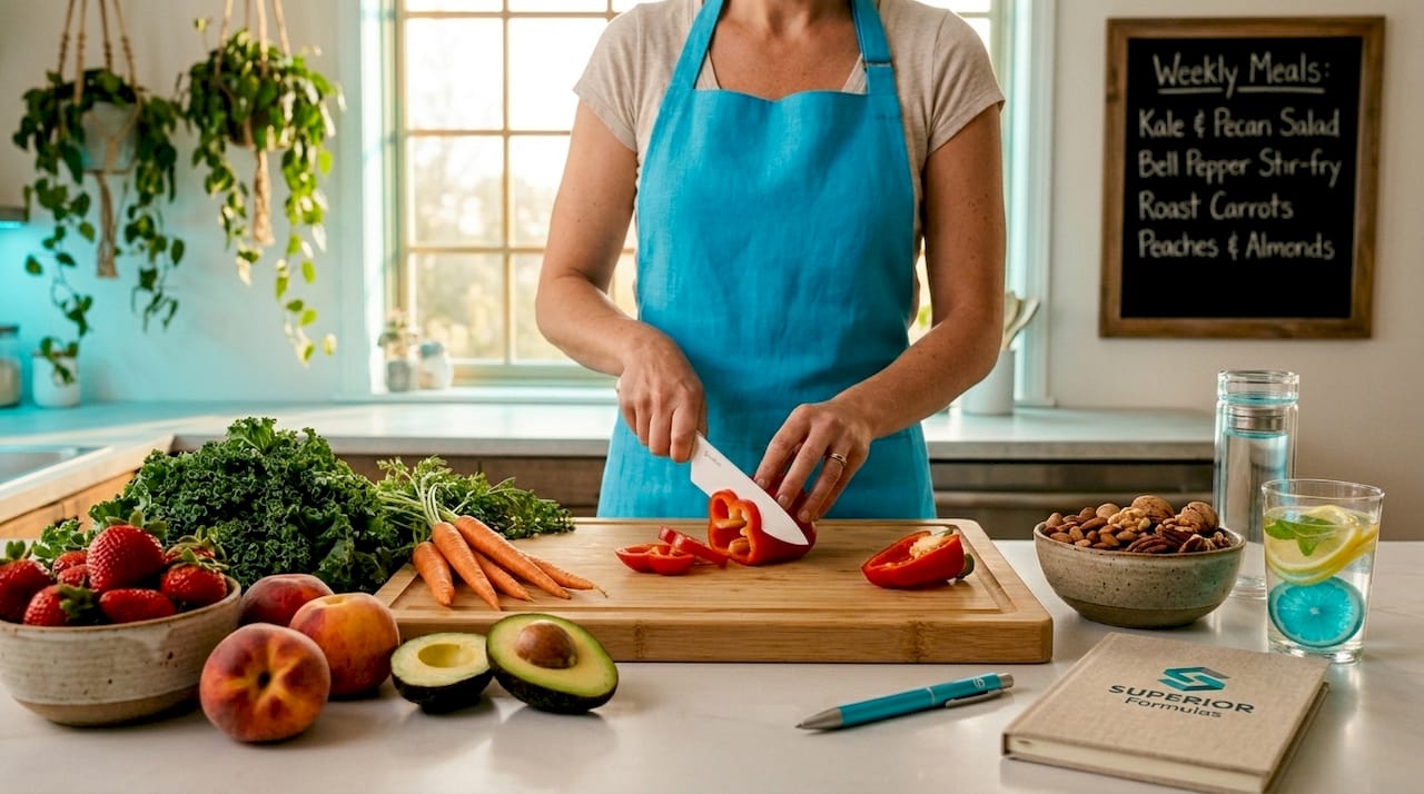 Person preparing colorful antioxidant-rich vegetables