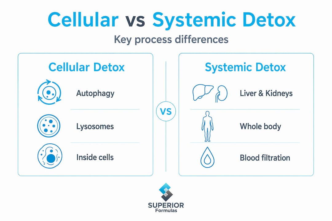 Infographic comparing cellular and systemic detoxification