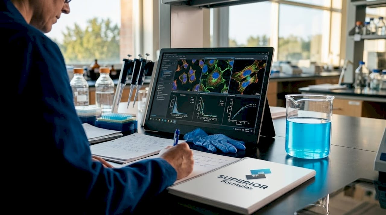 Lab technician at bench reviewing cell imagery