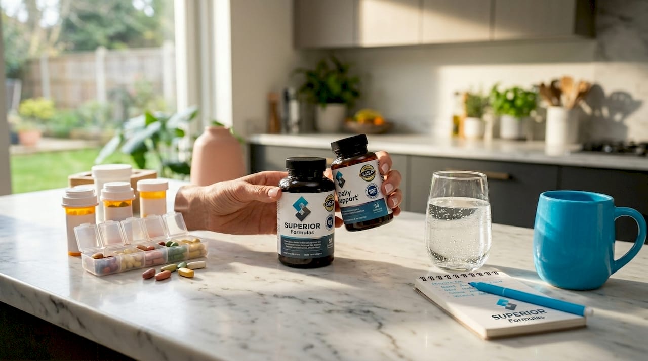 Hands hold supplement bottles with certification labels