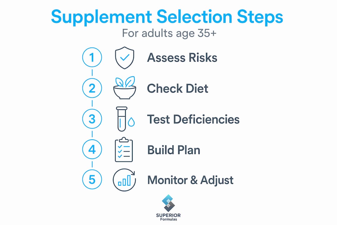 Infographic showing five supplement selection steps