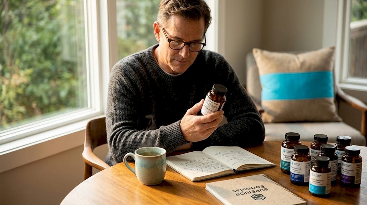 Man reading supplement label at sunlit desk