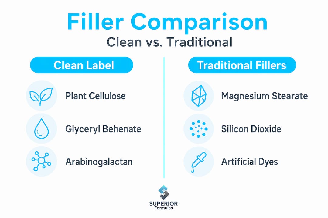 Infographic comparing clean label and traditional supplement fillers