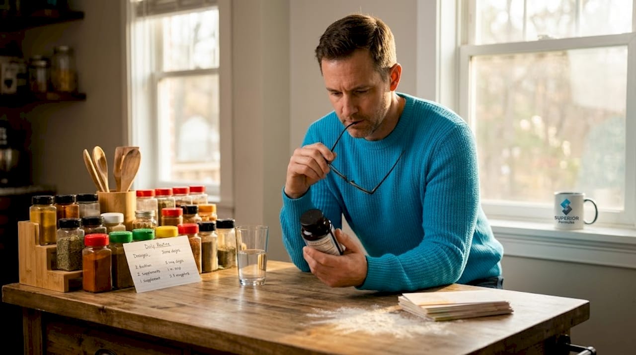 Man reading ingredient label at kitchen counter