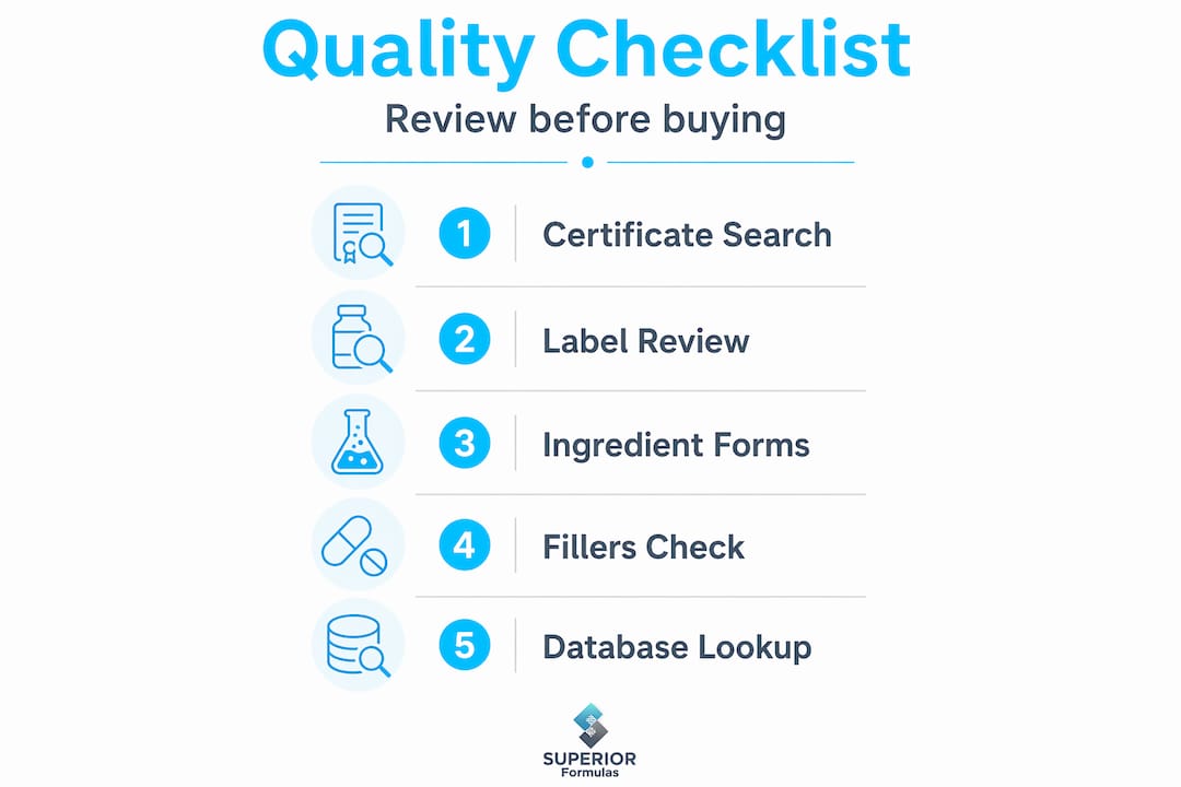 Infographic showing supplement quality evaluation steps
