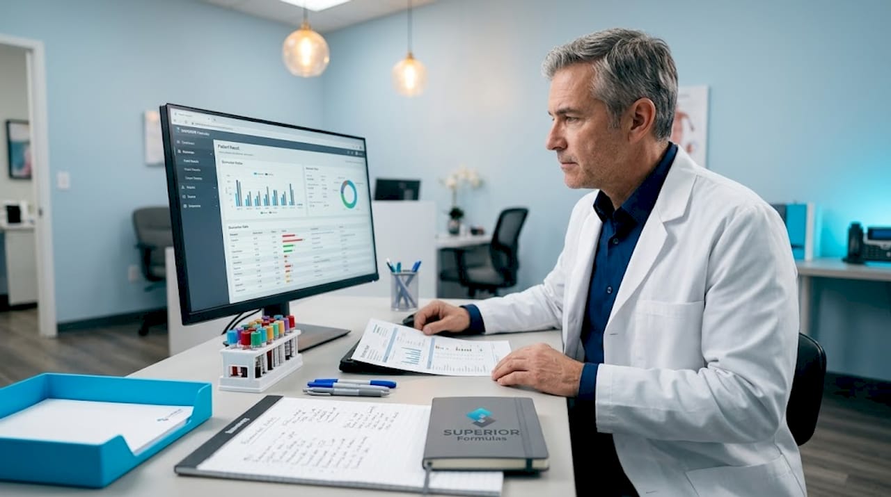 Clinician reviewing lab results at desk