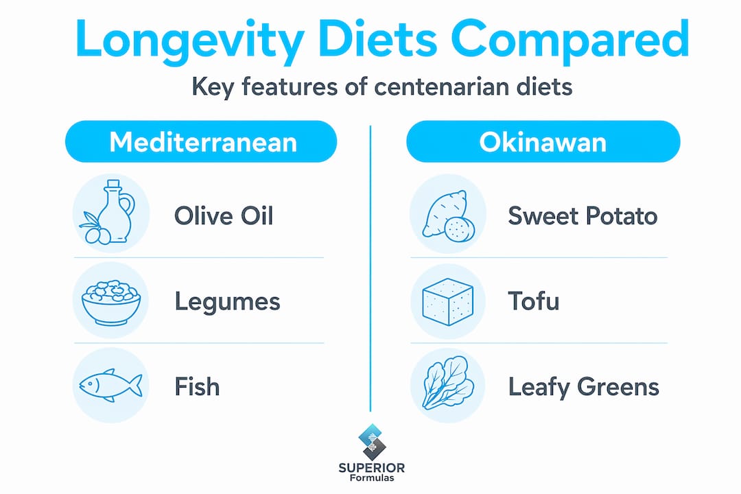 Infographic comparing Mediterranean and Okinawan diets