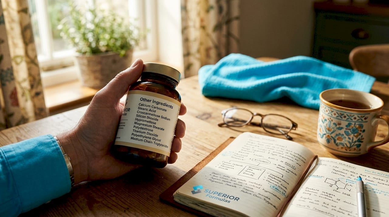 Hand inspecting supplement label ingredients