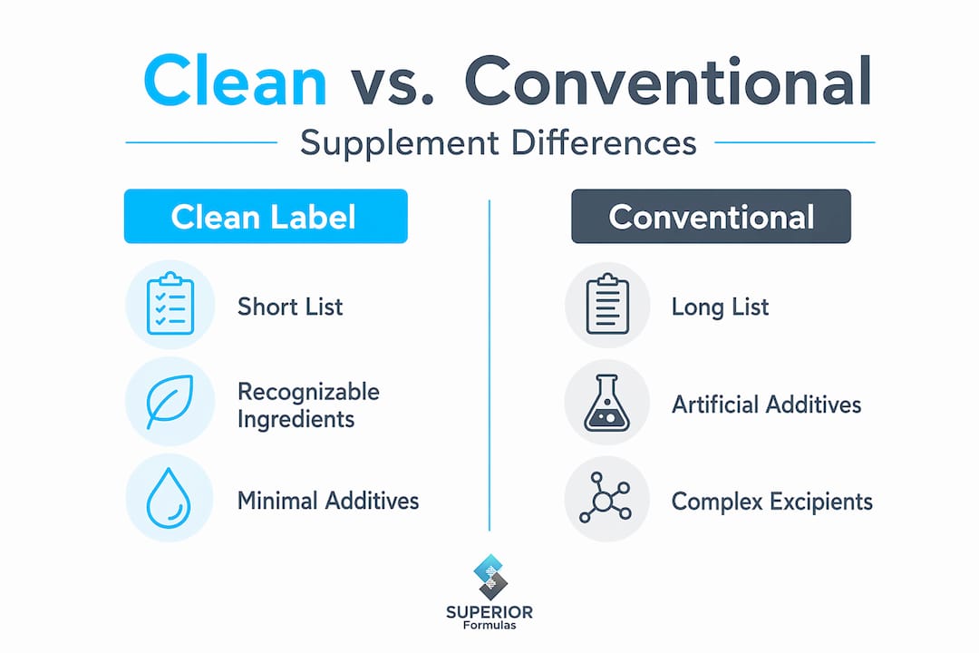 Infographic comparing clean label and conventional supplements