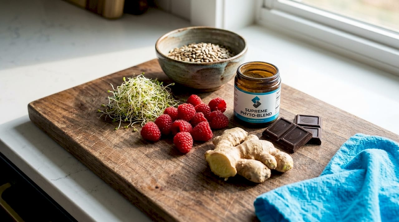 Close-up of foods rich in phytonutrients on cutting board
