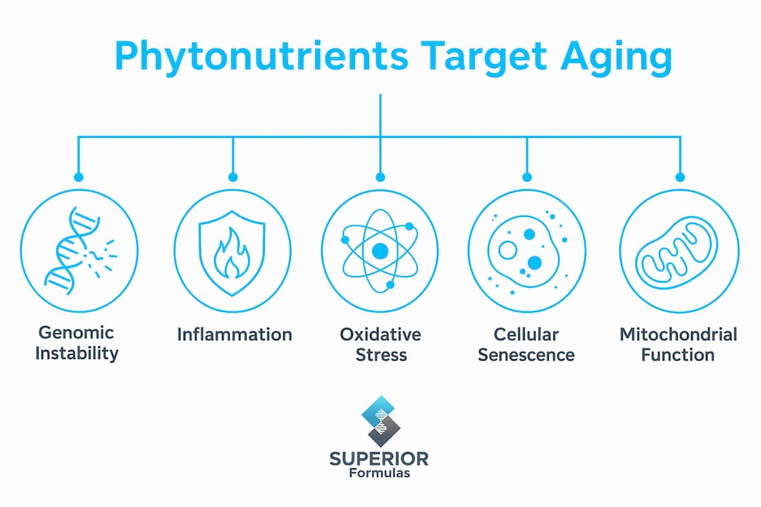Infographic illustrating biological aging pathways targeted by phytonutrients