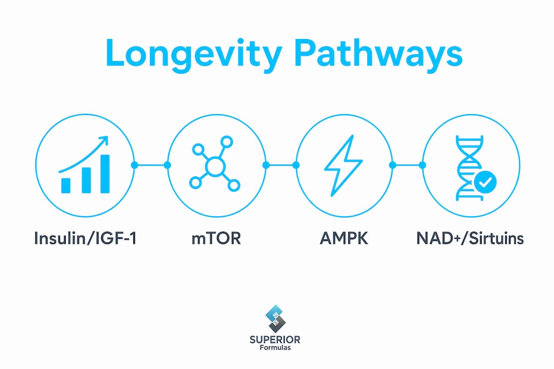 Infographic showing hierarchy of key longevity pathways