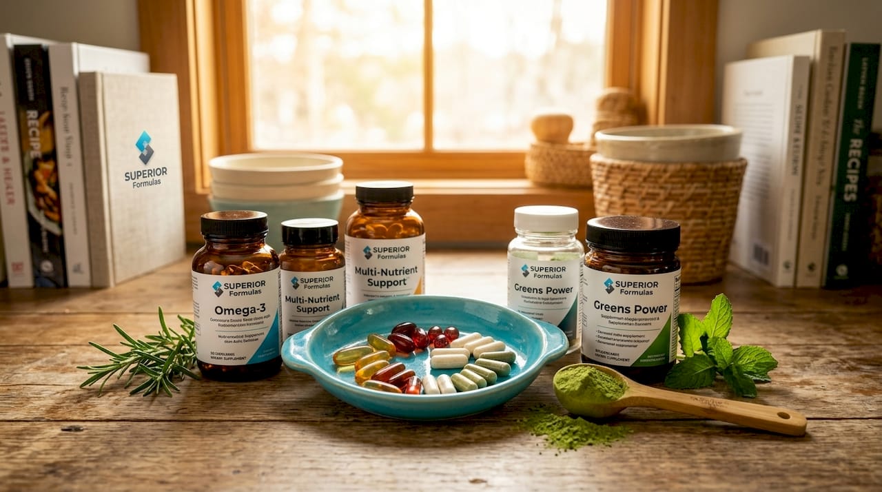 Variety of nutraceutical supplements on white counter