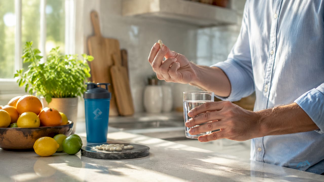 Hands holding supplement capsule and glass of water
