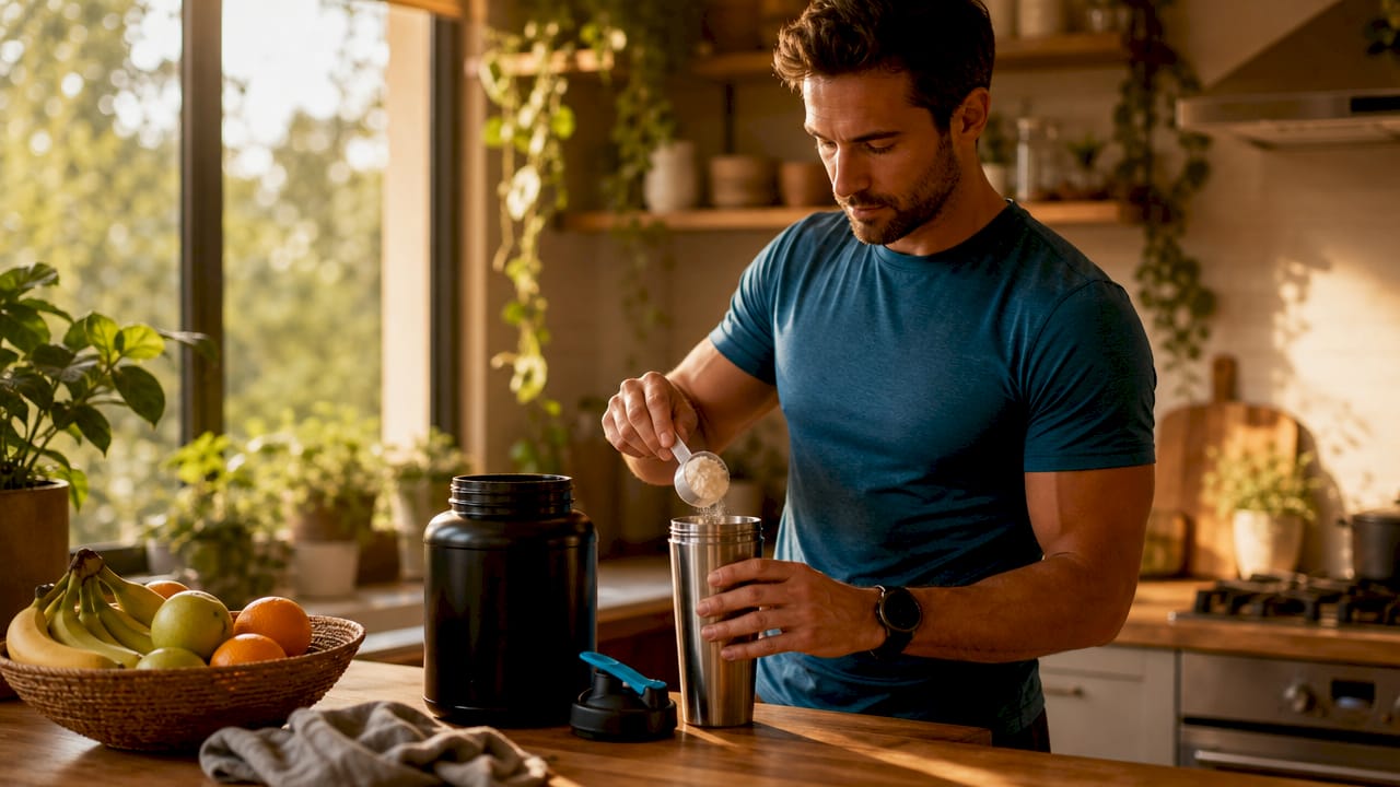 Hands measuring collagen powder on kitchen counter