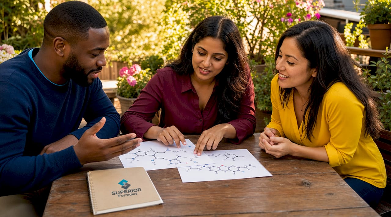Scientists discussing molecular diagrams at research table