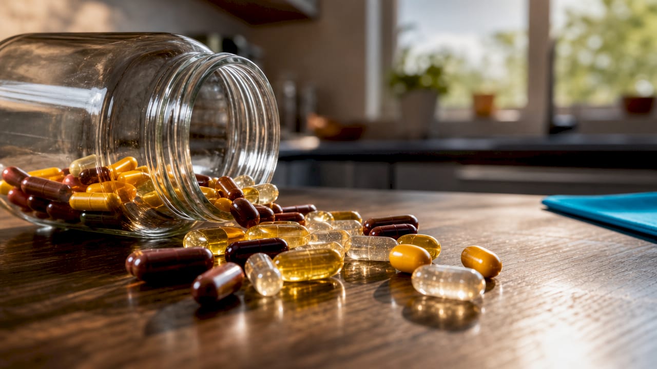 Close-up of advanced nutraceutical capsules on countertop