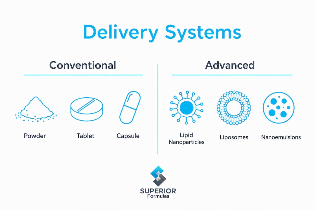 Infographic comparing conventional and advanced nutraceutical delivery