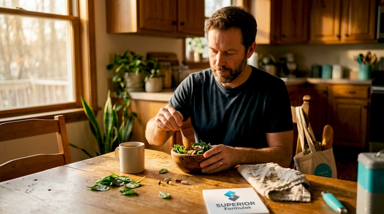 Hands holding bowl with vitamins and greens