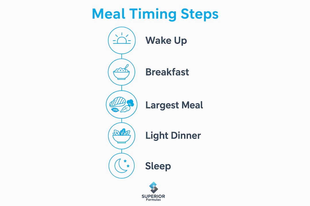 Infographic outlining meal timing steps for energy