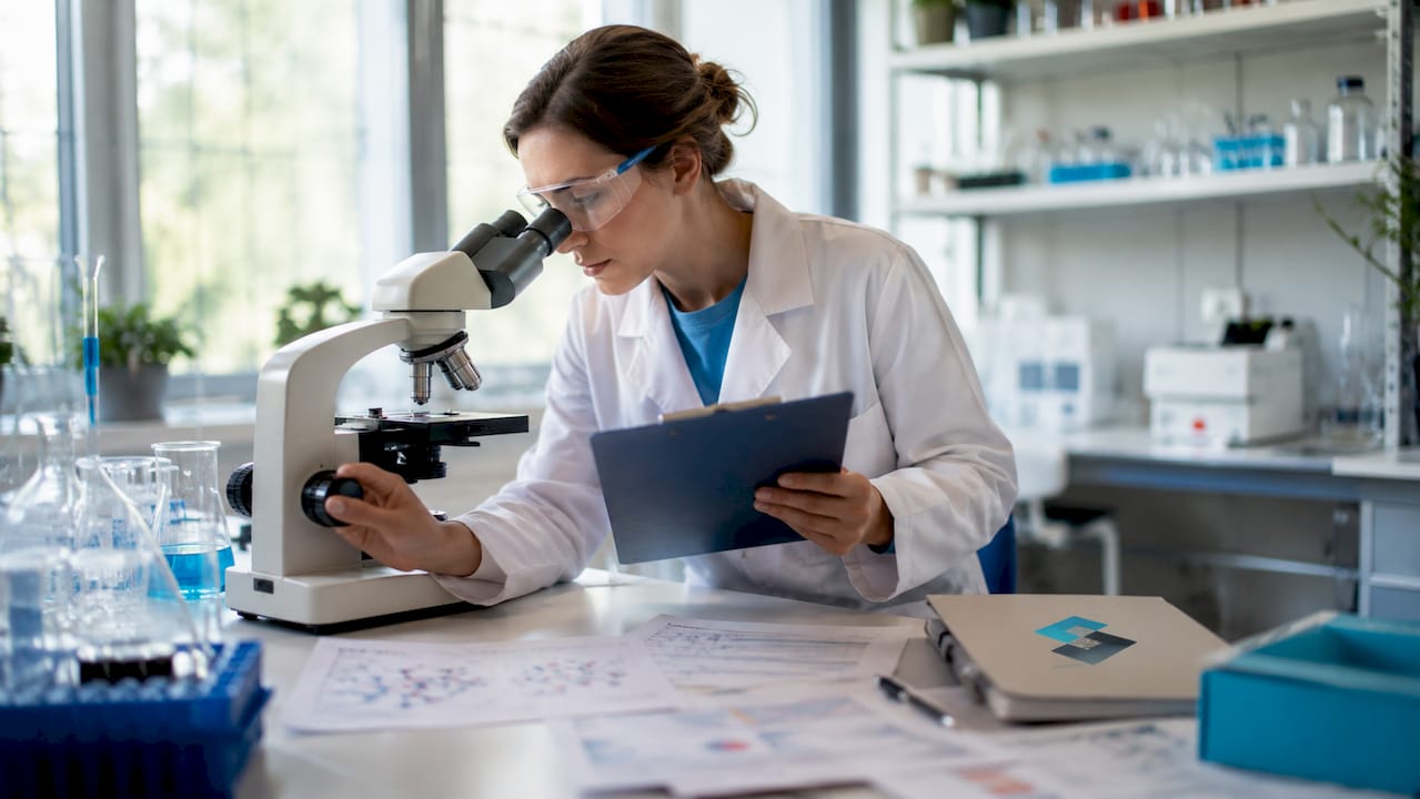 Scientist examining cells under microscope
