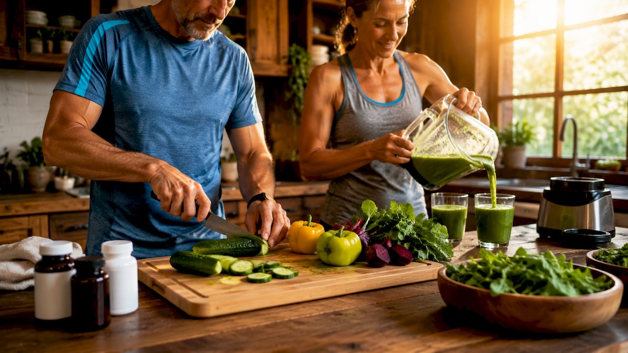 Couple preparing healthy longevity meal at home