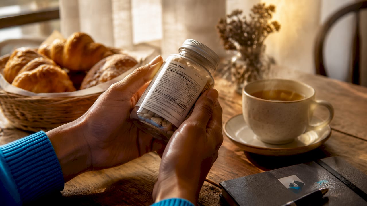 Hands examining supplement label closely