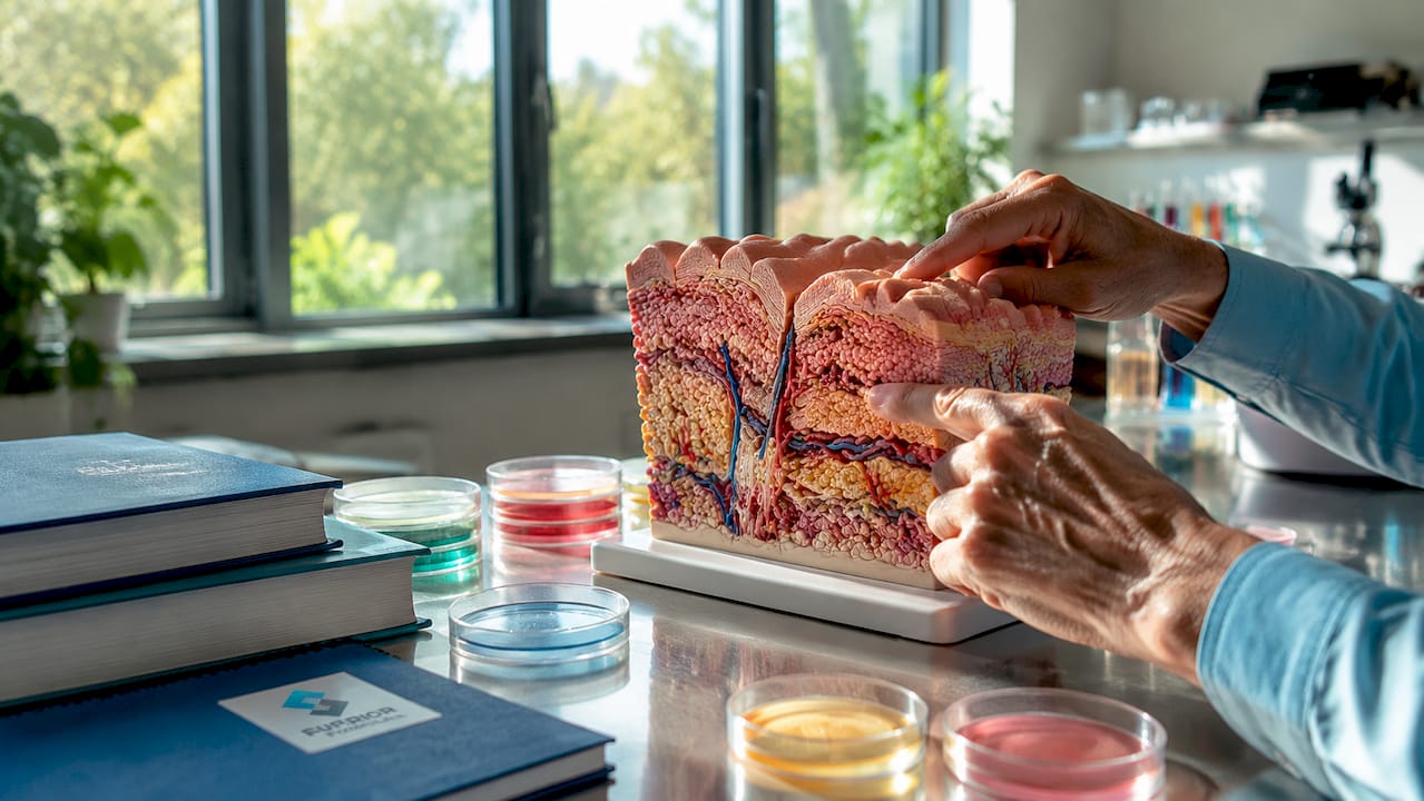 Hands pointing to cell model with biology book